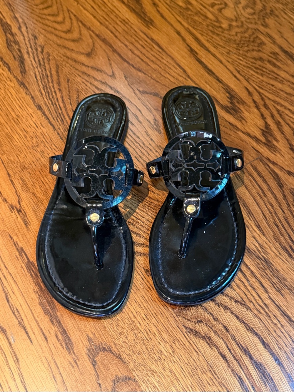 Tory Burch Black Patent Logo Thong Sandals